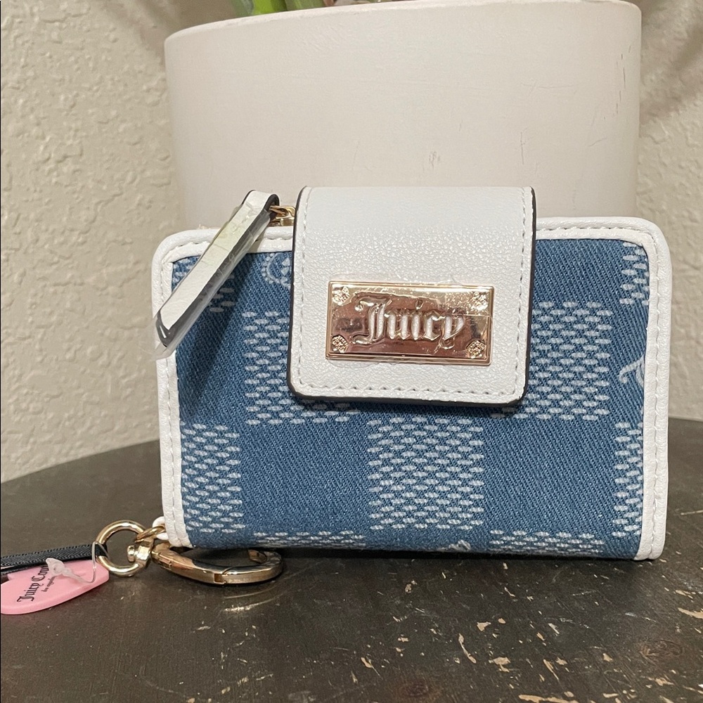 Juicy Couture Blue Denim Plaid Compact Wallet with White Trim